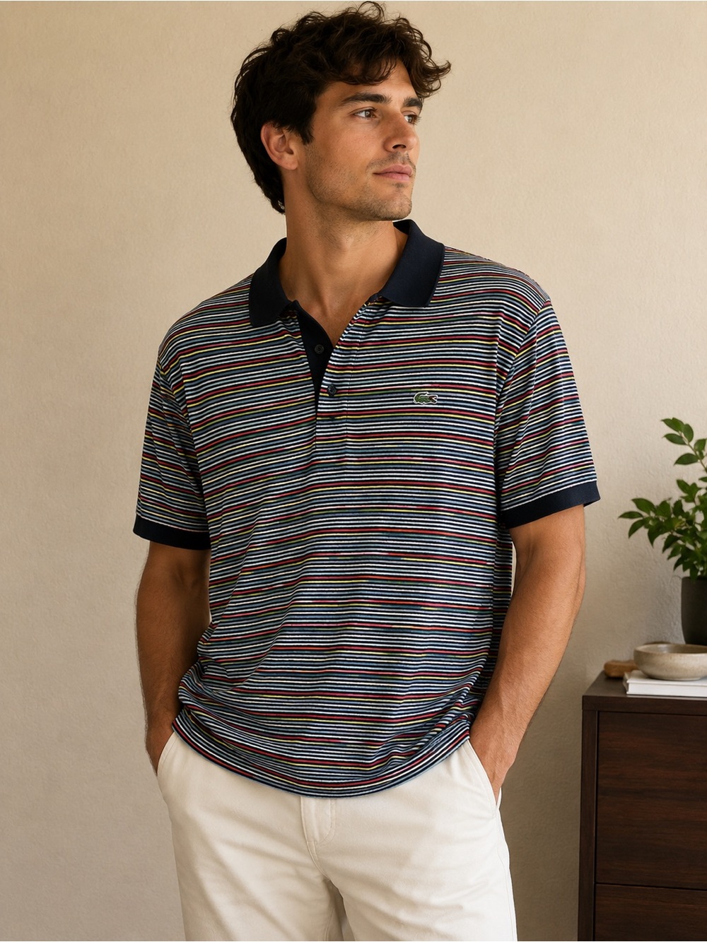 LaCrosse Men’s Multi-Stripe Polo with Navy Collar size 6
